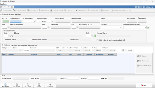Tela de ordem de serviço, com abertura, agendamento, atendente, bem do cliente e as abas de produtos e serviços.