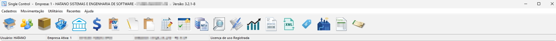 Barra de menus e atalhos do Single Control, com os ícones de cadastros, produtos, compras, PDV, notas fiscais, relatórios e etiquetas.